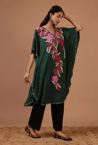Green Cotton Crush Ari Embroidered Kaftan- Free Size image 1