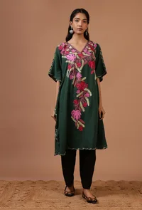Green Cotton Crush Ari Embroidered Kaftan- Free Size image 2