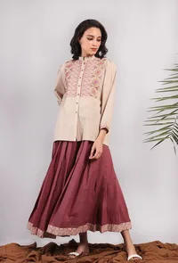 Set of 2: Beige Kantha Embroidered Bandhgala Shirt With Mini Skirt image 1