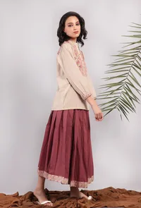 Set of 2: Beige Kantha Embroidered Bandhgala Shirt With Mini Skirt image 3