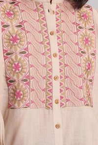 Set of 2: Beige Kantha Embroidered Bandhgala Shirt With Mini Skirt image 5