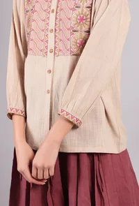 Set of 2: Beige Kantha Embroidered Bandhgala Shirt With Mini Skirt image 6