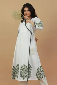 White & Green Block Printed Wrap Kurta image 1