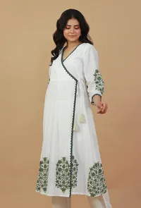 White & Green Block Printed Wrap Kurta image 2