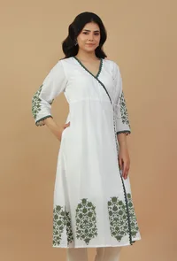 White & Green Block Printed Wrap Kurta image 3