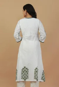 White & Green Block Printed Wrap Kurta image 4