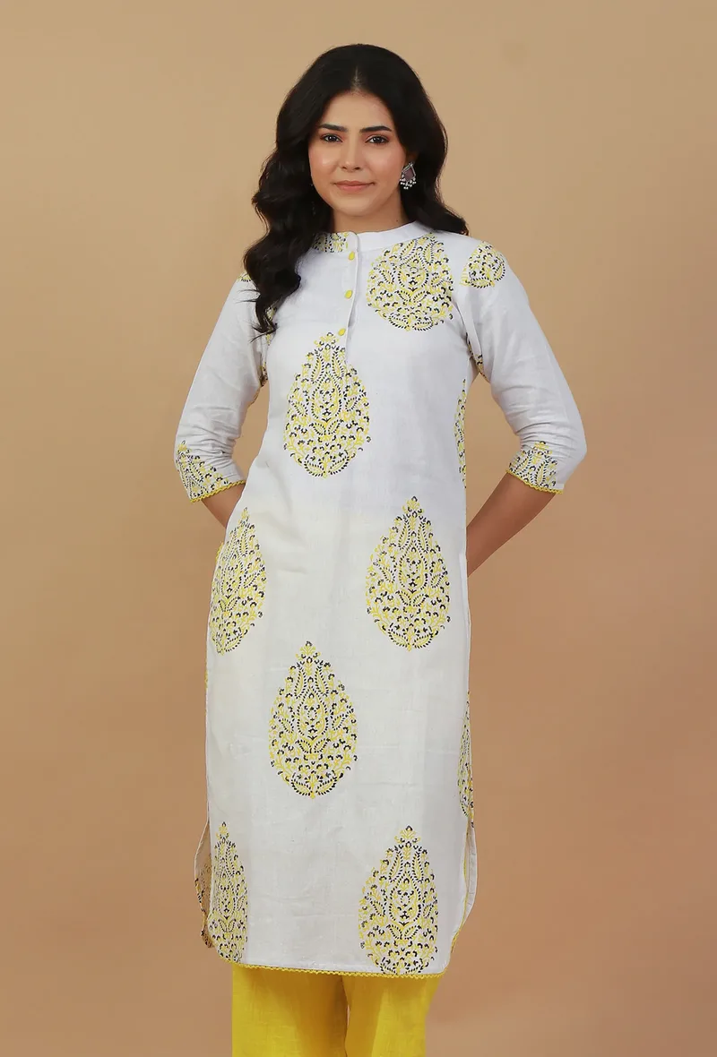 White Hand Block Printed Cotton Kurta with Yellow Motifs