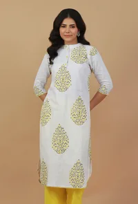White Hand Block Printed Cotton Kurta with Yellow Motifs image 1