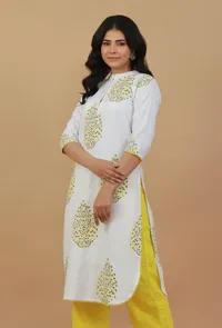White Hand Block Printed Cotton Kurta with Yellow Motifs image 2