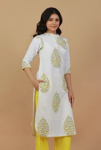 White Hand Block Printed Cotton Kurta with Yellow Motifs image 3