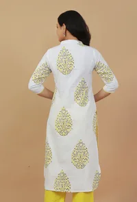 White Hand Block Printed Cotton Kurta with Yellow Motifs image 4