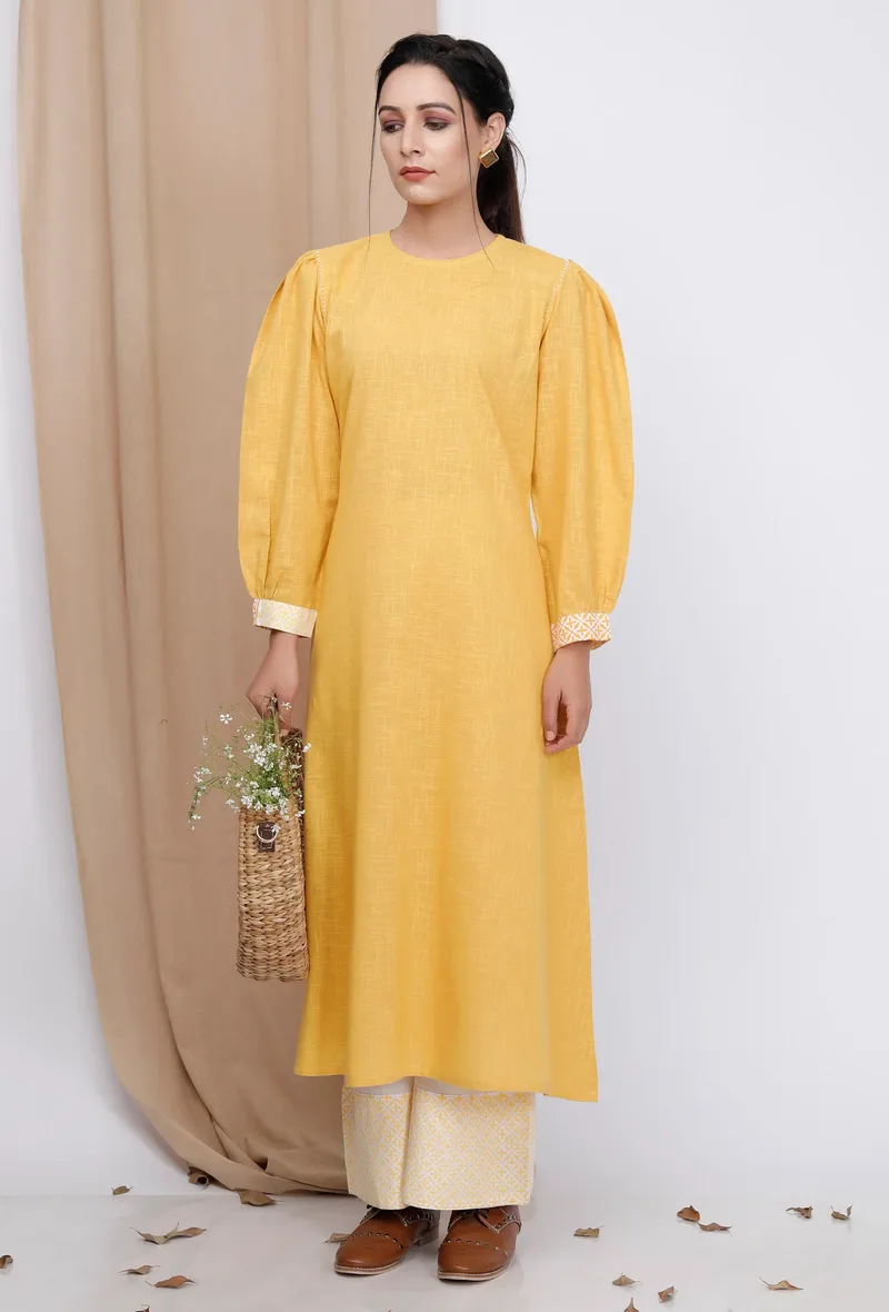 Yellow Cotton Kurta With Puffed Sleeves