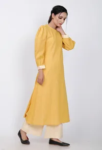 Yellow Cotton Kurta With Puffed Sleeves image 2