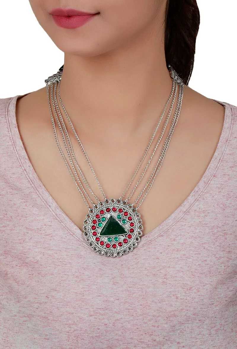 Round Pink-Green German Silver Afghan Necklace