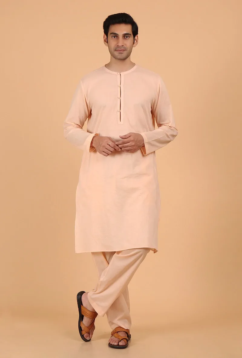 Peach Cotton Mid-Length Mulmul Kurta & Pant