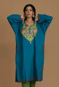 Teal Blue Phiran with Multi-Tone Aari Embroidery- Free Size image 1