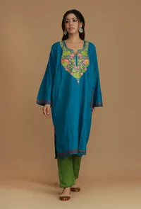 Teal Blue Phiran with Multi-Tone Aari Embroidery- Free Size image 2