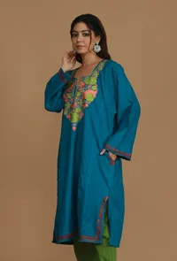 Teal Blue Phiran with Multi-Tone Aari Embroidery- Free Size image 3
