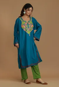 Teal Blue Phiran with Multi-Tone Aari Embroidery- Free Size image 4