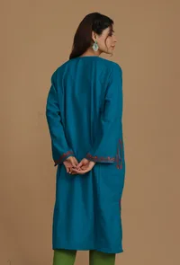 Teal Blue Phiran with Multi-Tone Aari Embroidery- Free Size image 5