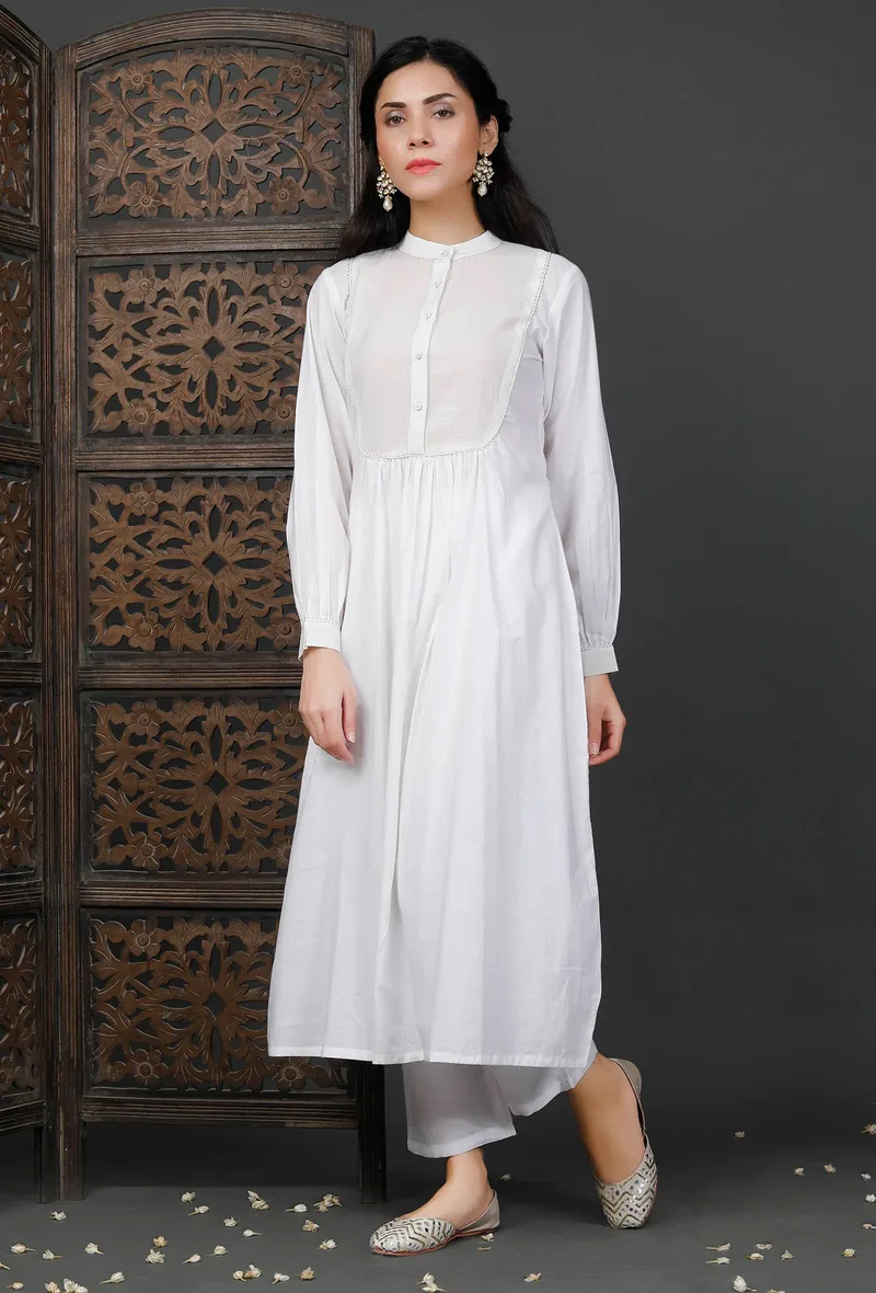 Set of 2: White Cotton Kurta With Pants