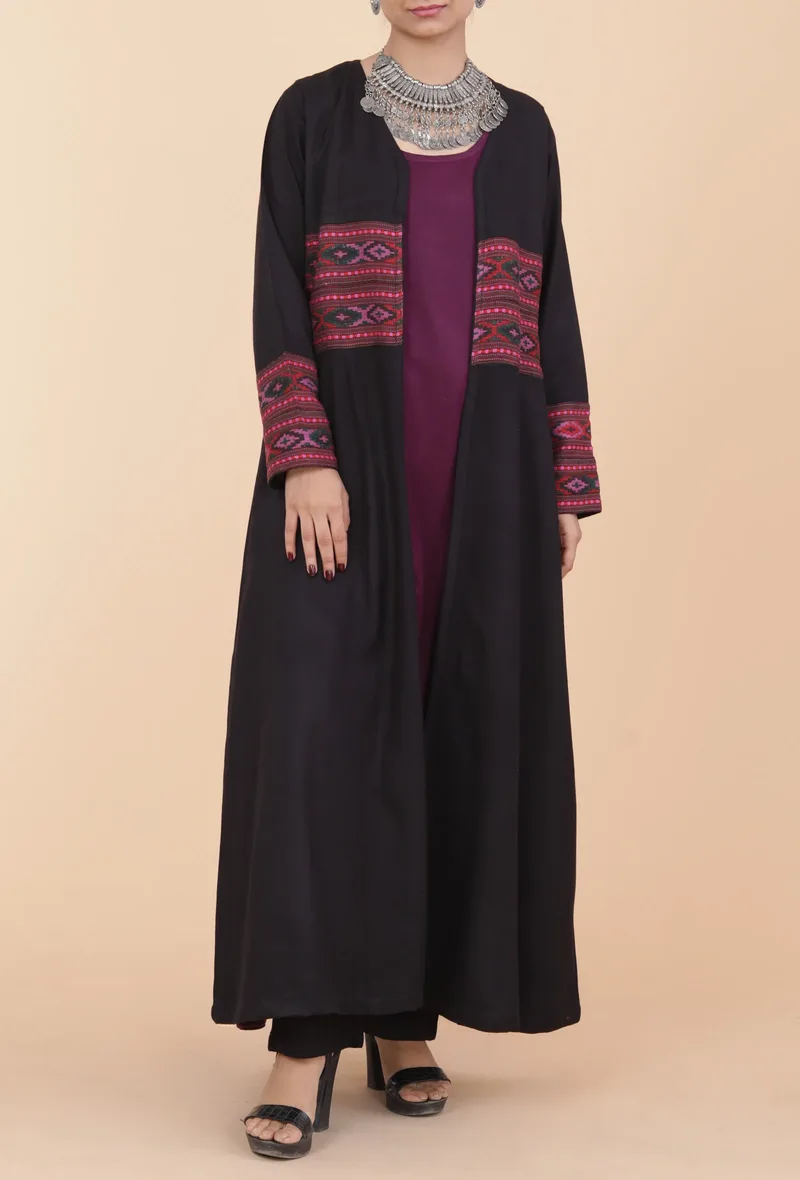Black Front-Open Handwoven Kullu Patti Detailed Cashmilon Flared Overlay