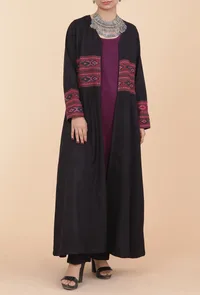 Black Front-Open Handwoven Kullu Patti Detailed Cashmilon Flared Overlay image 1