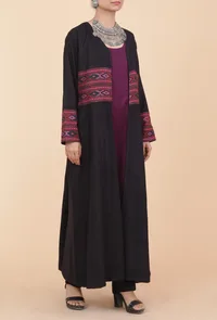 Black Front-Open Handwoven Kullu Patti Detailed Cashmilon Flared Overlay image 3