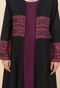 Black Front-Open Handwoven Kullu Patti Detailed Cashmilon Flared Overlay image 5