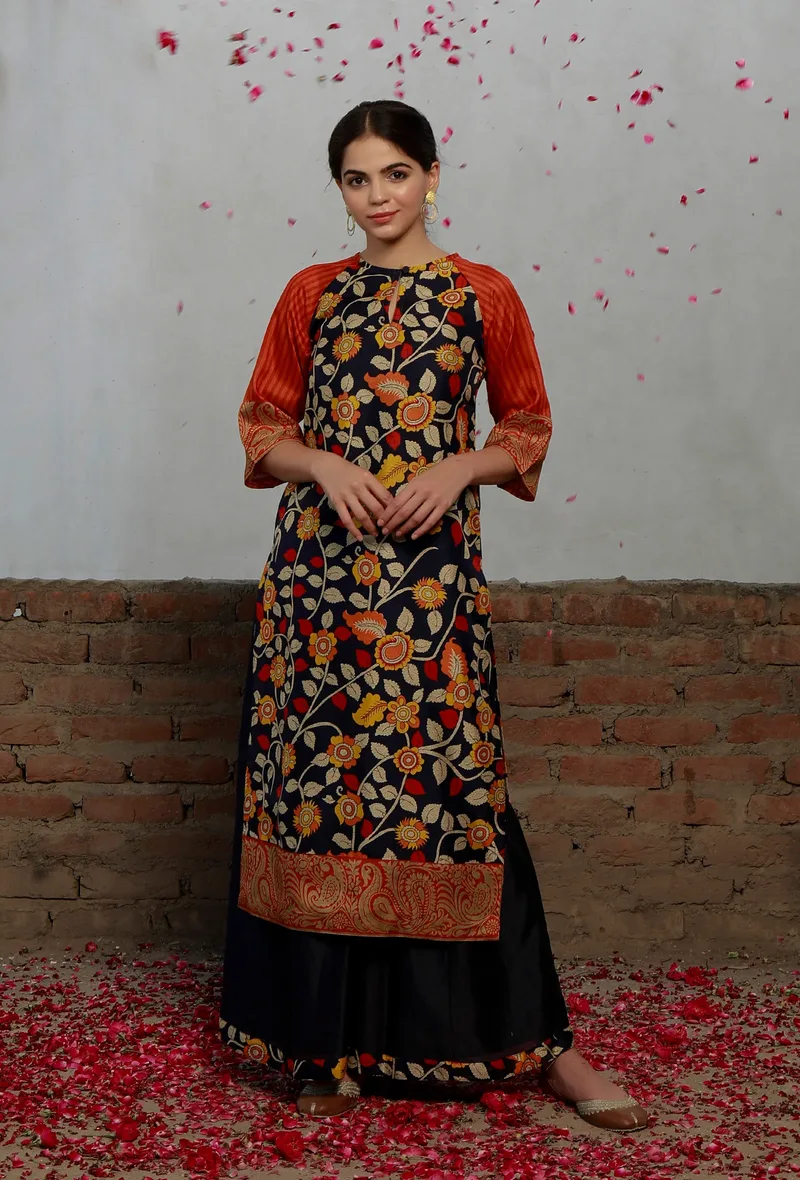 Black Kalamkari Printed Cotton Silk Front Gather Kurta