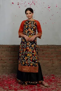 Black Kalamkari Printed Cotton Silk Front Gather Kurta image 1