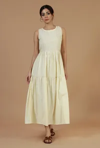Butter Cream Sleeveless Tiered Cotton Dress image 1