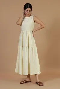 Butter Cream Sleeveless Tiered Cotton Dress image 3
