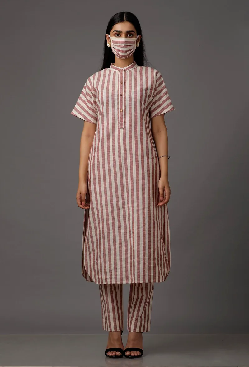 Red and White Stripes Pure Woven Cotton Kurta With Complimentary Matching Mask