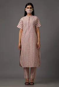 Red and White Stripes Pure Woven Cotton Kurta With Complimentary Matching Mask image 1
