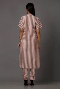 Red and White Stripes Pure Woven Cotton Kurta With Complimentary Matching Mask image 5