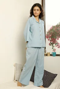 Set of 2 : Light Blue Shirt Cotton Top and Pajama image 2