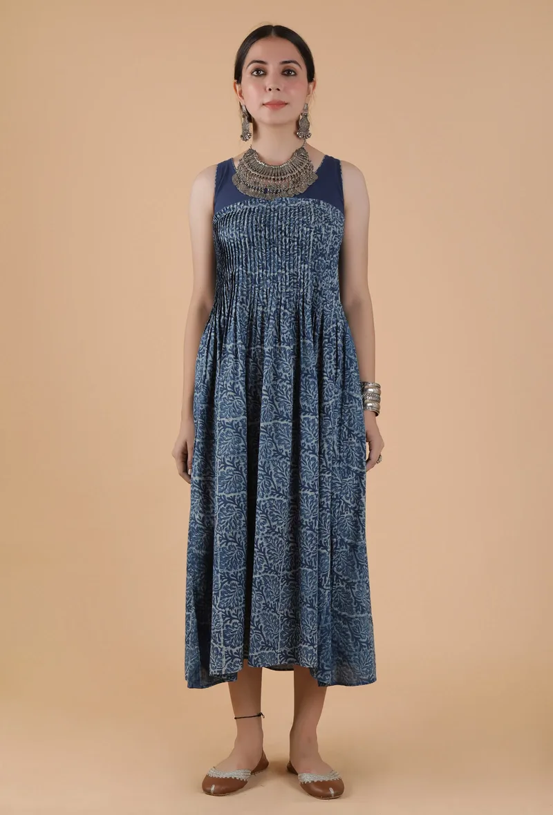 Chetana Indigo Jaal Print Tuck Pleated Gathered Kurta Dress