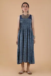 Chetana Indigo Jaal Print Tuck Pleated Gathered Kurta Dress image 1