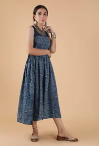 Chetana Indigo Jaal Print Tuck Pleated Gathered Kurta Dress image 2