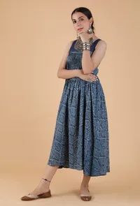 Chetana Indigo Jaal Print Tuck Pleated Gathered Kurta Dress image 3