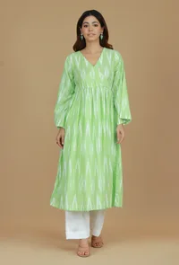 Light Green Ikat Flared Cotton Kurta image 1