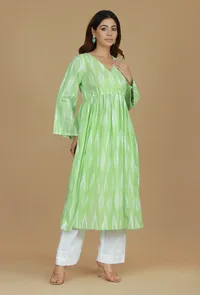 Light Green Ikat Flared Cotton Kurta image 2