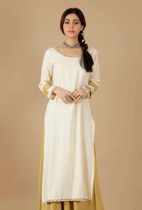 Off-White & Earls Green Bandhani Straight Kurta image 1