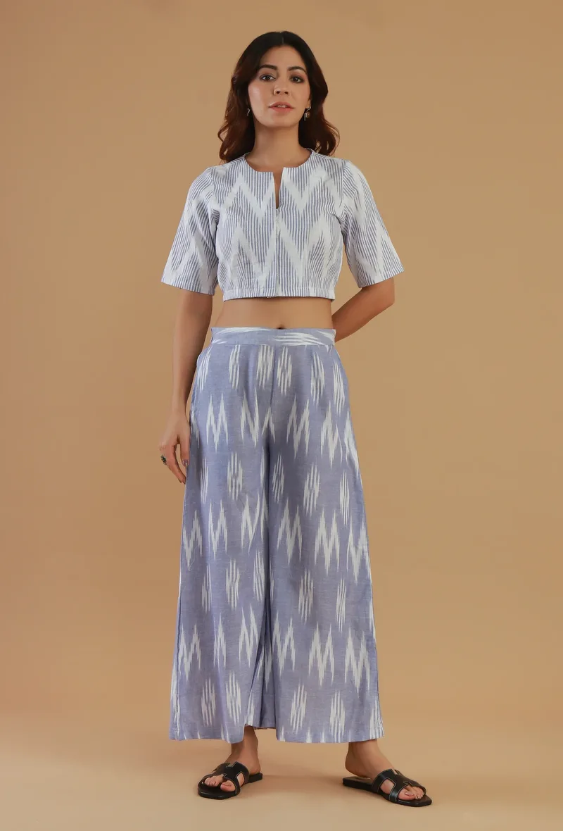 Set of 2: Blue Ikat Cotton Top & Flared Pant Set