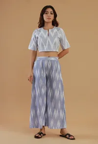 Set of 2: Blue Ikat Cotton Top & Flared Pant Set image 1