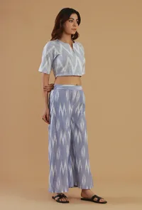 Set of 2: Blue Ikat Cotton Top & Flared Pant Set image 2