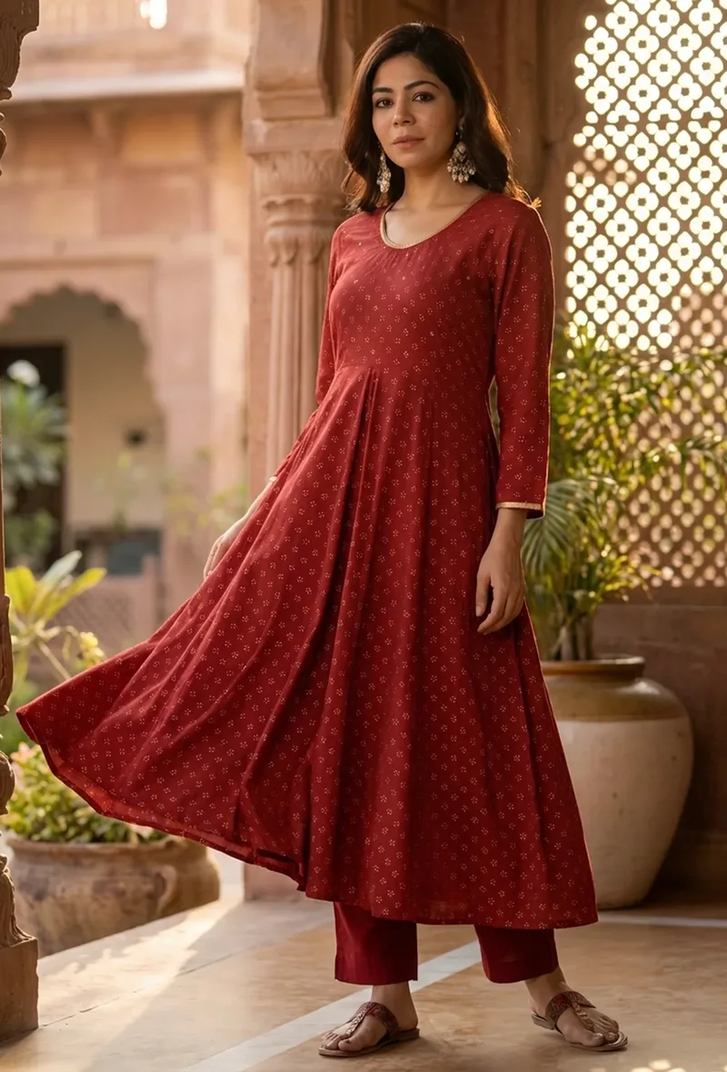 Maroon Rayon Hand Block Printed Flared Kurta