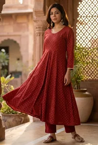 Maroon Rayon Hand Block Printed Flared Kurta image 1