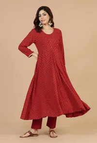 Maroon Rayon Hand Block Printed Flared Kurta image 2